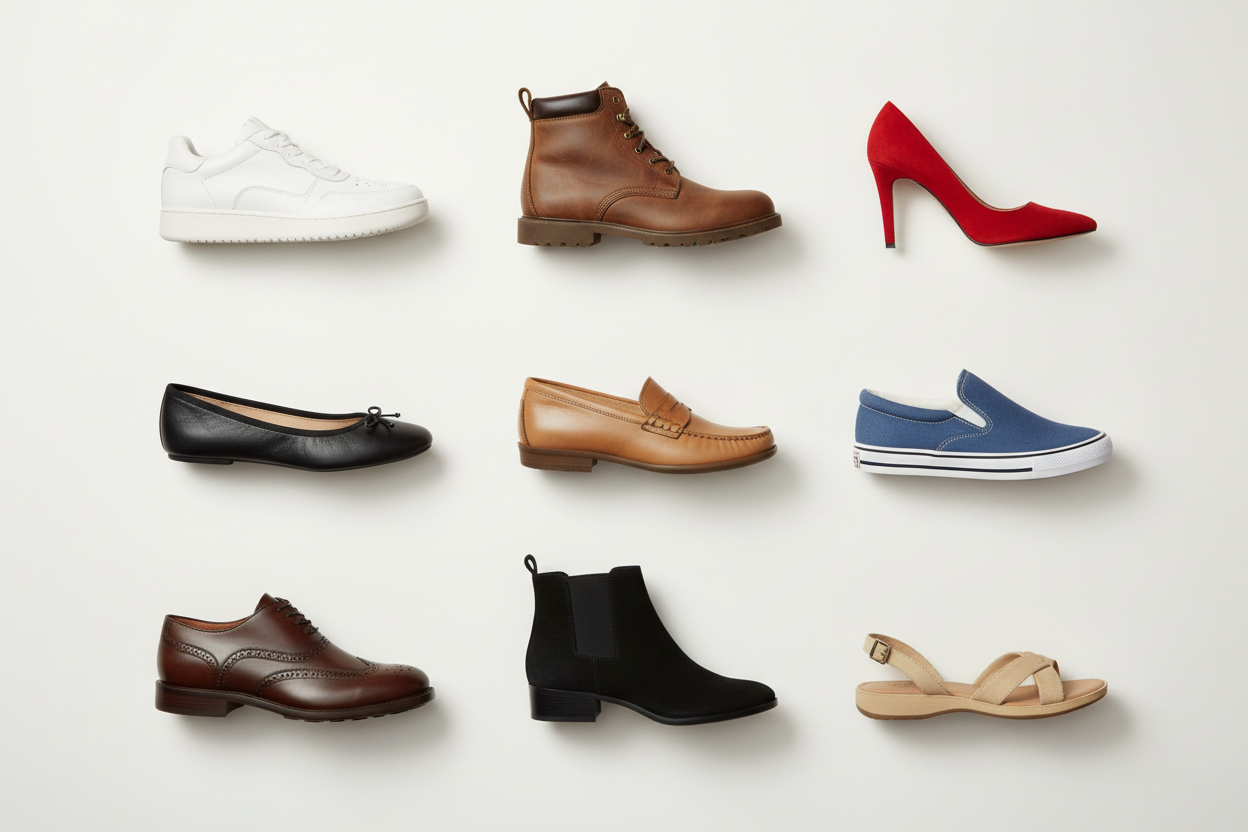 A minimalist, editorial-style flat lay of single shoes only (no pairs), arranged neatly in a grid.
Each shoe is unique in style, color, and type — including sneakers, boots, flats, heels, loafers, and casual shoes.
Shoes are photographed individually, never duplicated, and never shown as left/right pairs.
Neutral, light background (soft off-white or light gray) with clean studio lighting and soft shadows.
Modern, high-end marketplace aesthetic similar to fashion editorials or curated product catalogs.