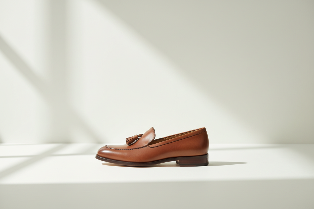 A single individual shoe photographed on a clean, light neutral background with soft natural lighting, minimal shadows, product catalog style, centered composition.